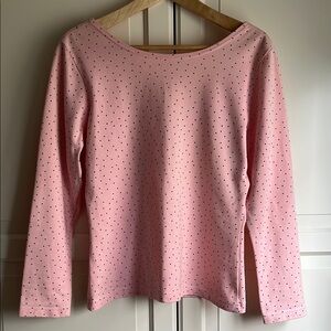 Harlequin round neck scoop back tee in coral pink with black mini dots size US L